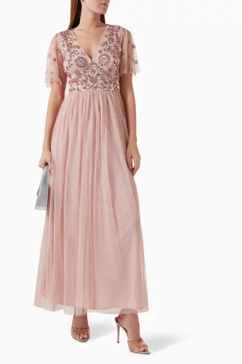 Floral-embellished Dress in Dot-mesh