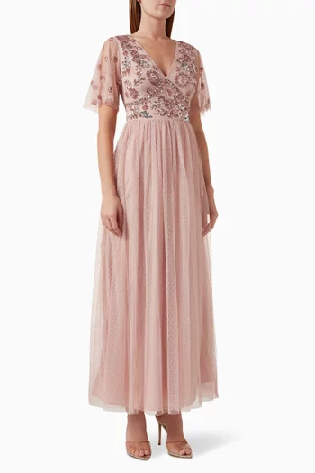 Floral-embellished Dress in Dot-mesh