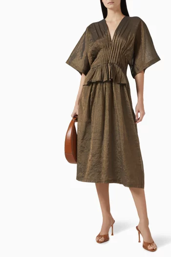 Pintuck Peplum Midi Dress in Linen-blend