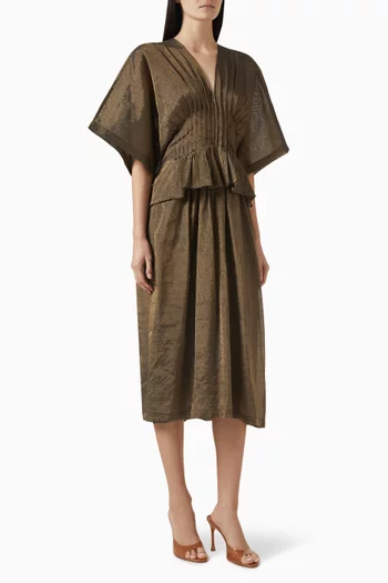 Pintuck Peplum Midi Dress in Linen-blend