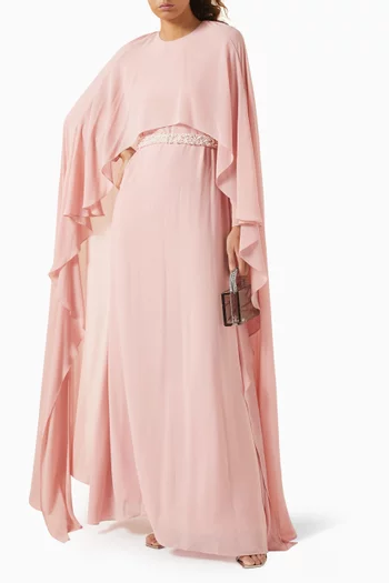 Anais Embellished-waist Cape Dress in Chiffon