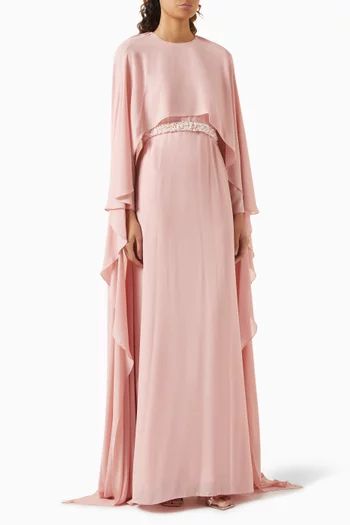 Anais Embellished-waist Cape Dress in Chiffon