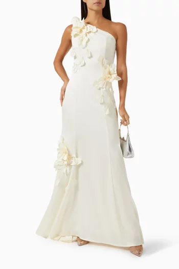 Floral-appliqué One-shoulder Gown
