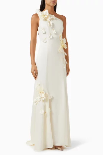Floral-appliqué One-shoulder Gown