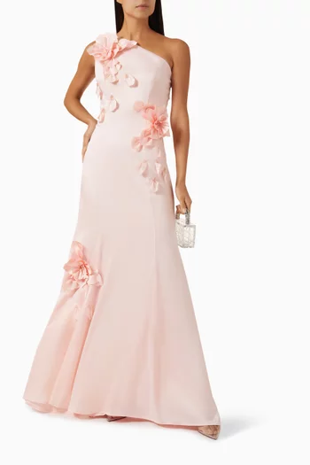Floral-appliqué One-shoulder Gown