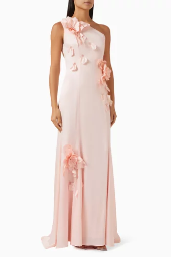 Floral-appliqué One-shoulder Gown