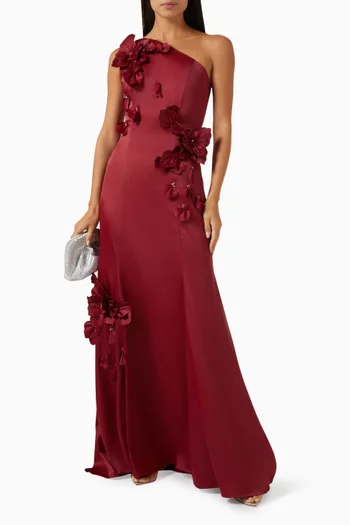 Floral-appliqué One-shoulder Gown