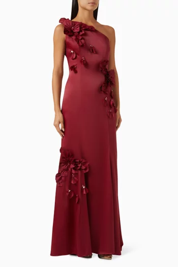 Floral-appliqué One-shoulder Gown