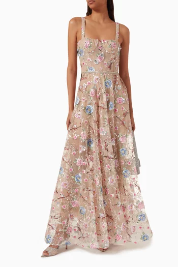 Midnight Embroidered Floral Gown