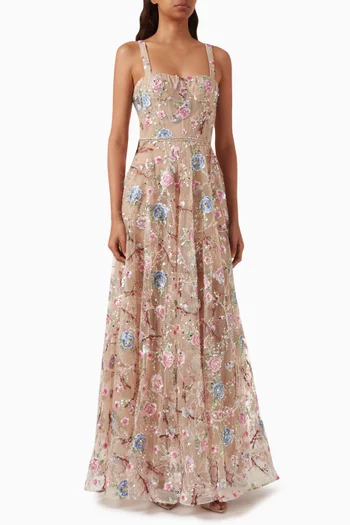 Midnight Embroidered Floral Gown