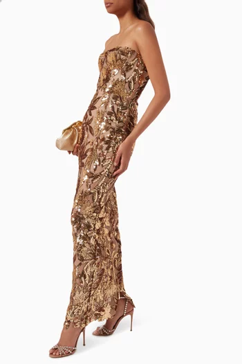 Dahlia Floral-embroidered Sequin Gown