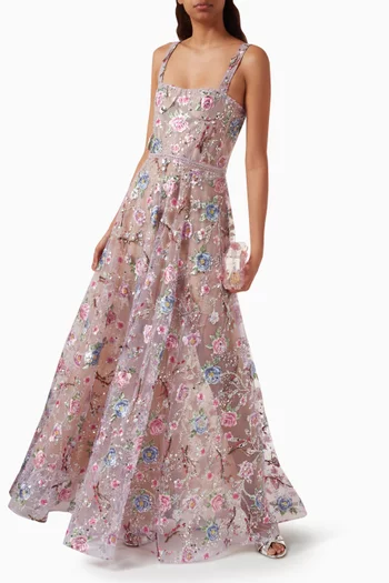 Midnight Embroidered Floral Gown