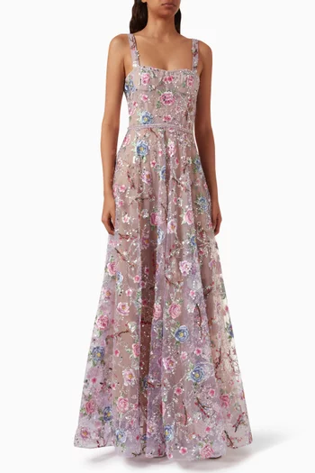 Midnight Embroidered Floral Gown