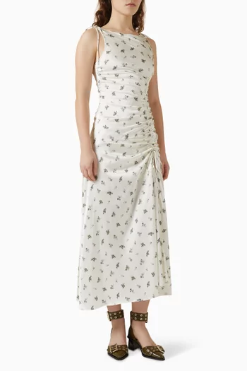 Printed Gathered Maxi Dress in Satin