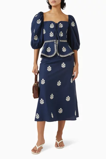 Mina Embroidered Midi Skirt in Linen