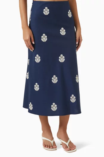 Mina Embroidered Midi Skirt in Linen