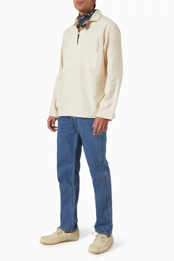 Smocked Half-zip Shirt in Linen-twill