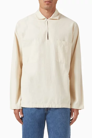 Smocked Half-zip Shirt in Linen-twill