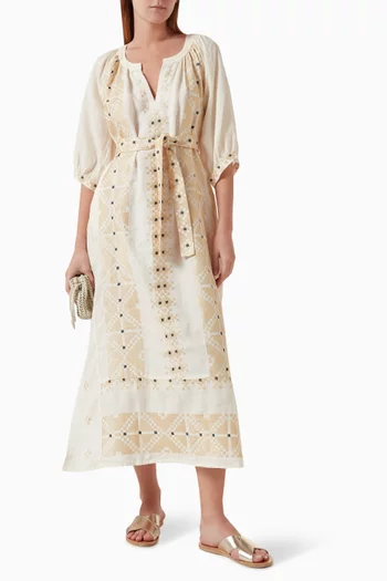 Printed Belted Maxi Dress in Linen