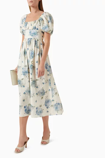 Dalia Floral-print Midi Dress in Linen