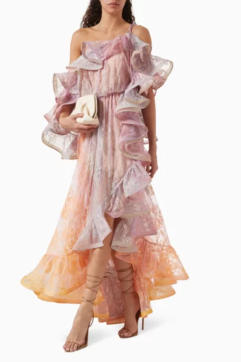 Dawning Ruffled Midi Dress in Lace