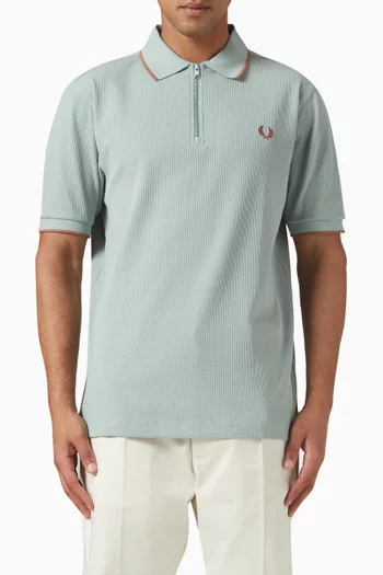 Textured Zip Neck Polo Shirt in Cotton Piqué