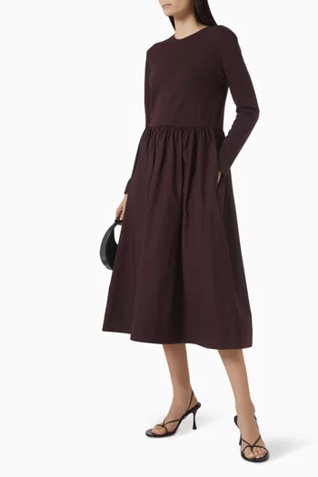 Contrast-Panel Long-Sleeved Midi Dress