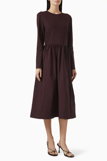Contrast-Panel Long-Sleeved Midi Dress