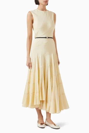 Flared Belted Midi Dress in Cotton-silk