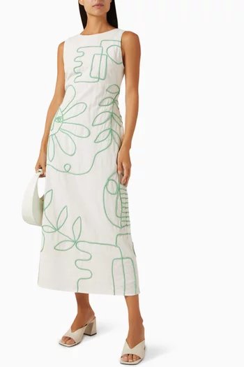 فستان لونا طويل مزين بنقشة قطن كتان