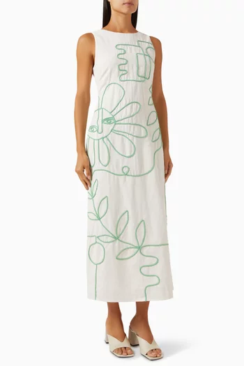 فستان لونا طويل مزين بنقشة قطن كتان