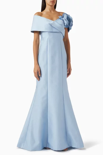 3D-flower Off-shoulder Gown in Jacquard