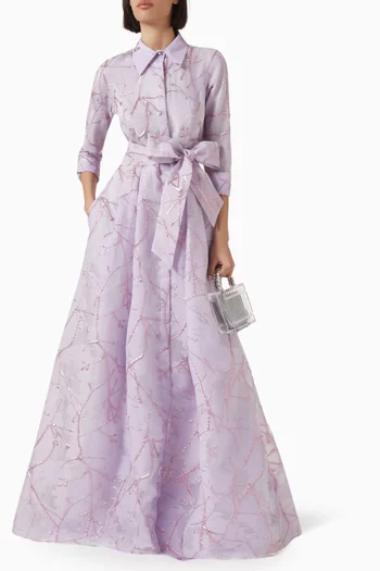 Floral-embossed Shirt Gown in Jaqcuard