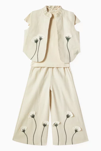 Fifis Poppy-embroidered Wide-leg Pants in Linen