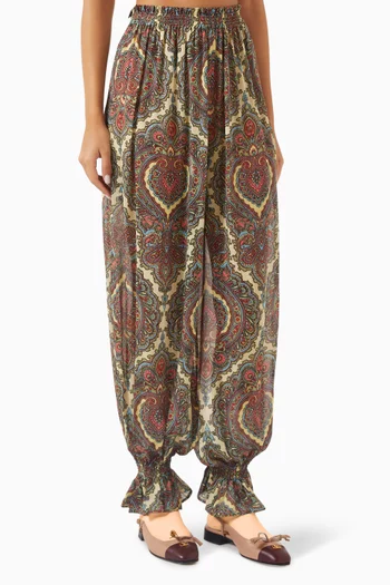 Voyage Imaginaire-print Balloon Pants in Silk Georgette