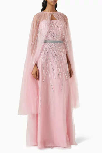 Sequin-embellished Gown & Cape in Tulle