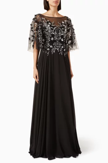 3D Floral-applique Cape Gown in Tulle & Chiffon