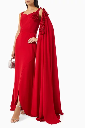 Bead-embellished Cape Dress in Crepe
