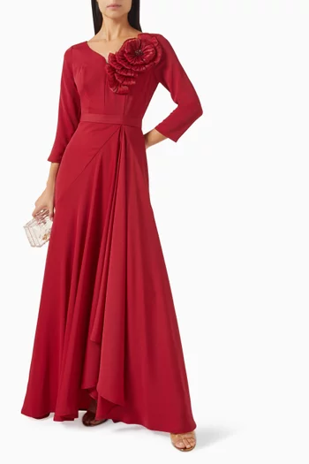Beaded Floral Applique Dress in Crepe