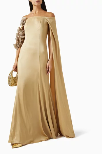 Off-shoulder Floral Applique Cape Gown