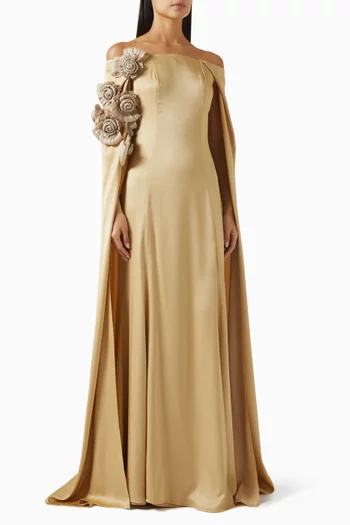 Off-shoulder Floral Applique Cape Gown