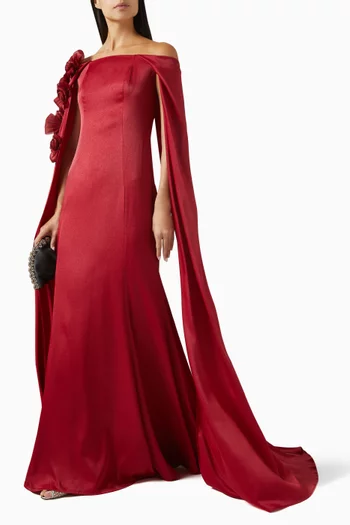 Off-shoulder Floral Applique Cape Gown