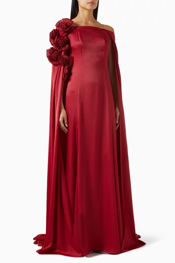 Off-shoulder Floral Applique Cape Gown