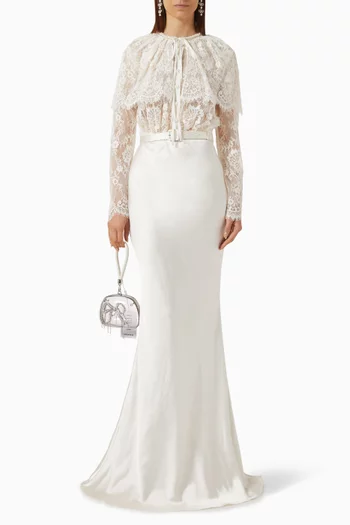 Cape Maxi Dress in Lace & Satin