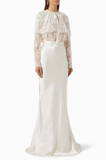Cape Maxi Dress in Lace & Satin
