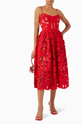 Bow Embroidered Midi Dress in Linen Blend