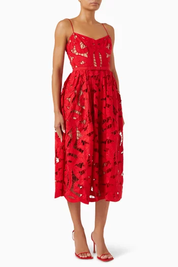 Bow Embroidered Midi Dress in Linen Blend