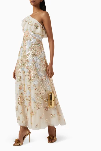 Baroque Floral One-Shoulder Ankle Gown in Tulle
