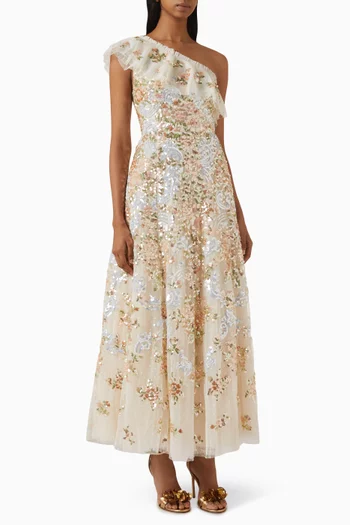 Baroque Floral One-Shoulder Ankle Gown in Tulle