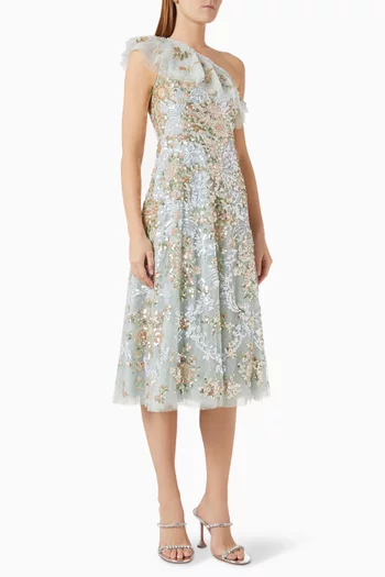 Baroque Floral One-shoulder Midaxi Dress in Tulle